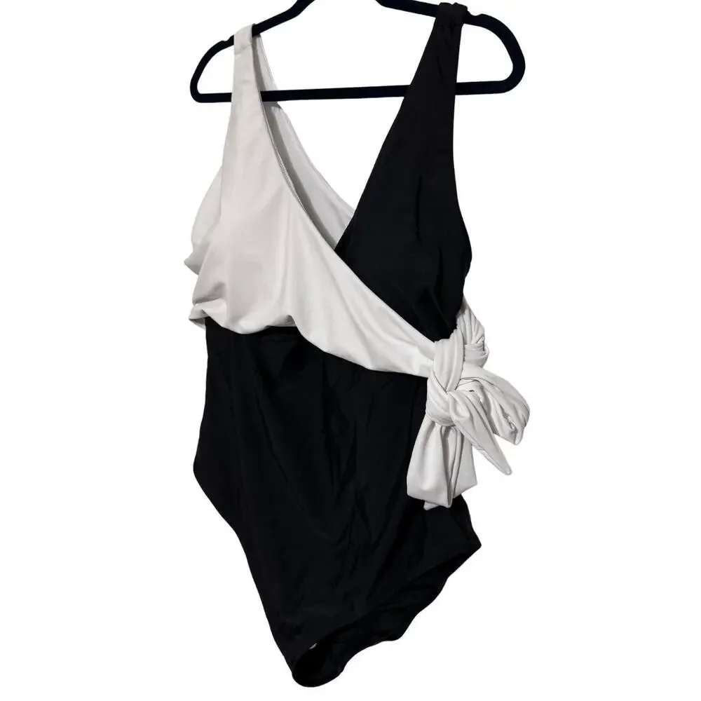 RAISINS CURVE One Piece Swimsuit 20W Black White Wrap Tummy Control NWT